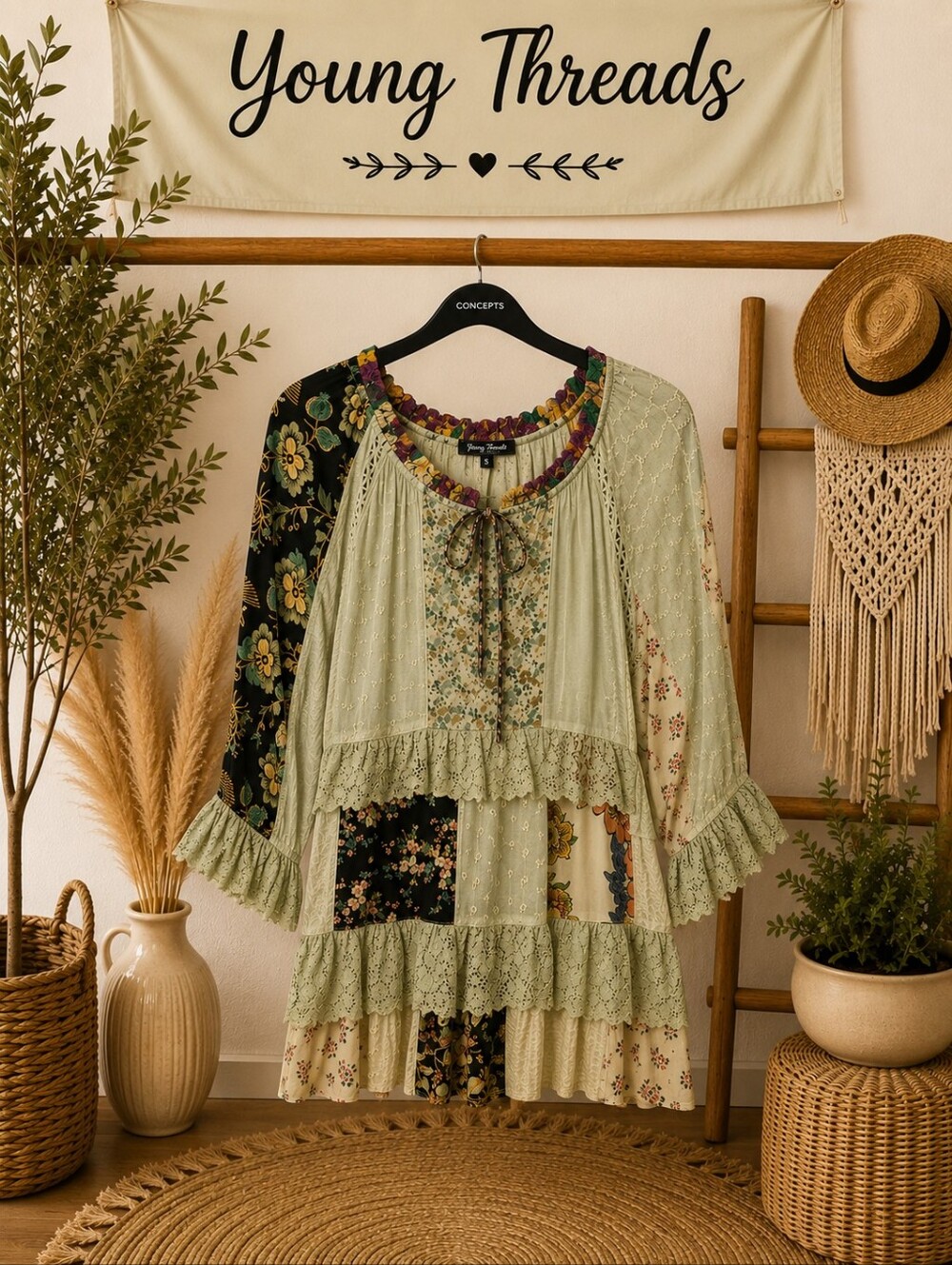 216 Boho Patchwork Ruffle Tunic - Cream & Black Floral